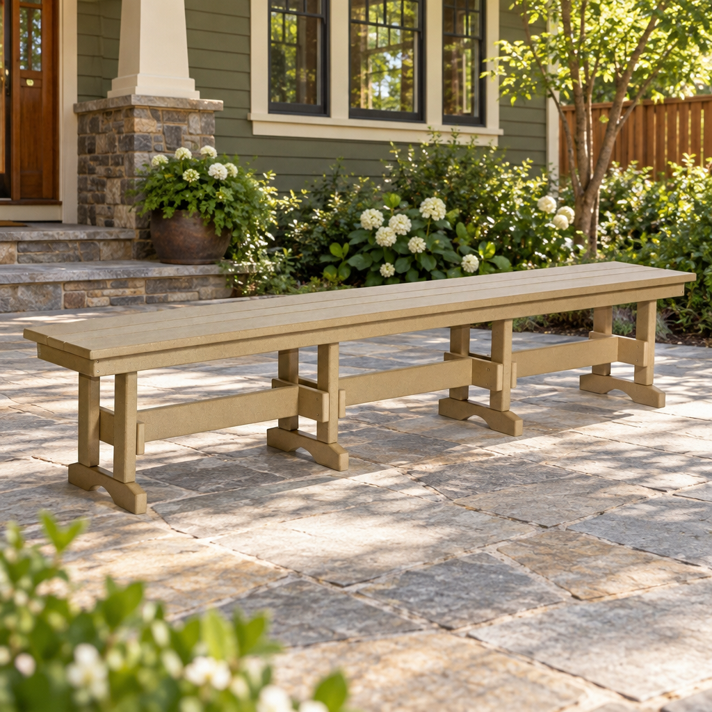 Amish Poly 8' Patio Dining Bench shown in the back patio of a craftsman bungalow home