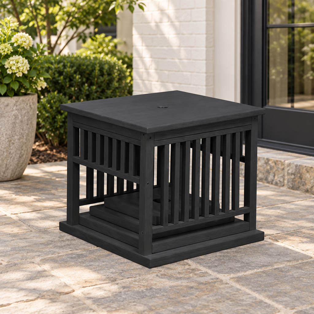 Amish Mission Umbrella Poly Patio Stand shown in the back patio of a transitional home