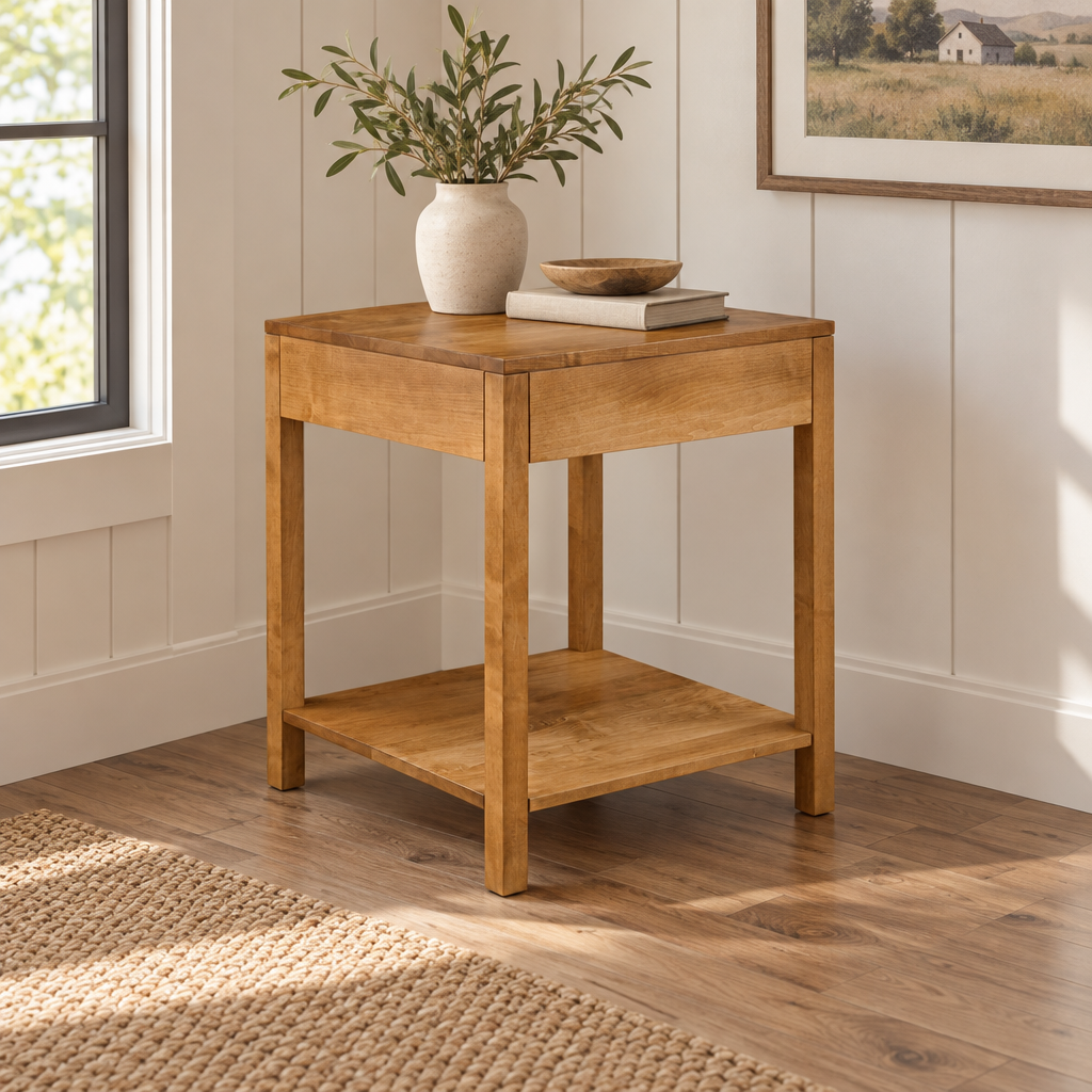 Amish Bushwick Corner Table shown in the dining room of a modern farmhouse home