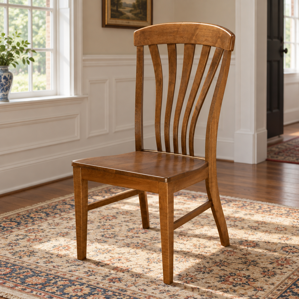 Amish Fontaine Lumbar Dining Chair shown in the dining room of a traditional colonial home