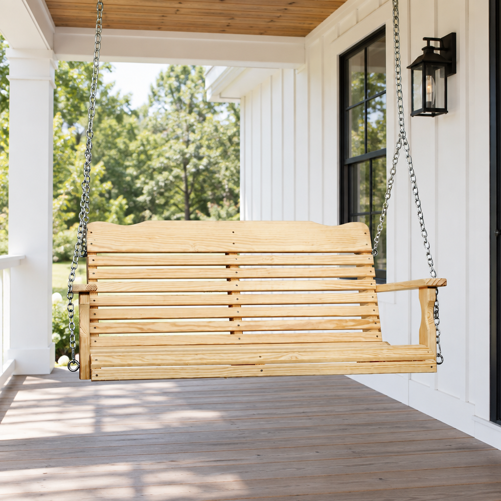 Amish Wood Outdoor West Chester Swing shown in the covered back porch of a modern farmhouse home