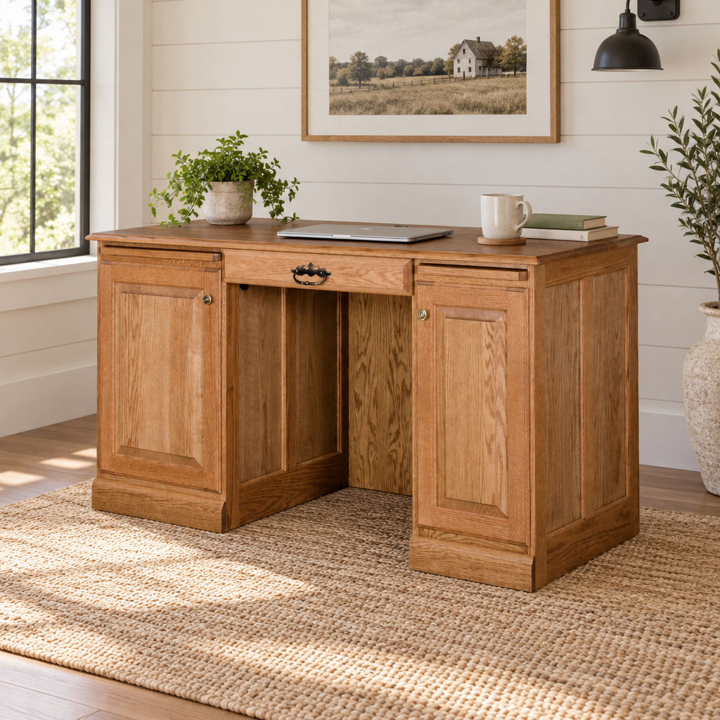 Amish Traditional 70" Wood Flat Top Computer Desk shown in the home office of a modern farmhouse home