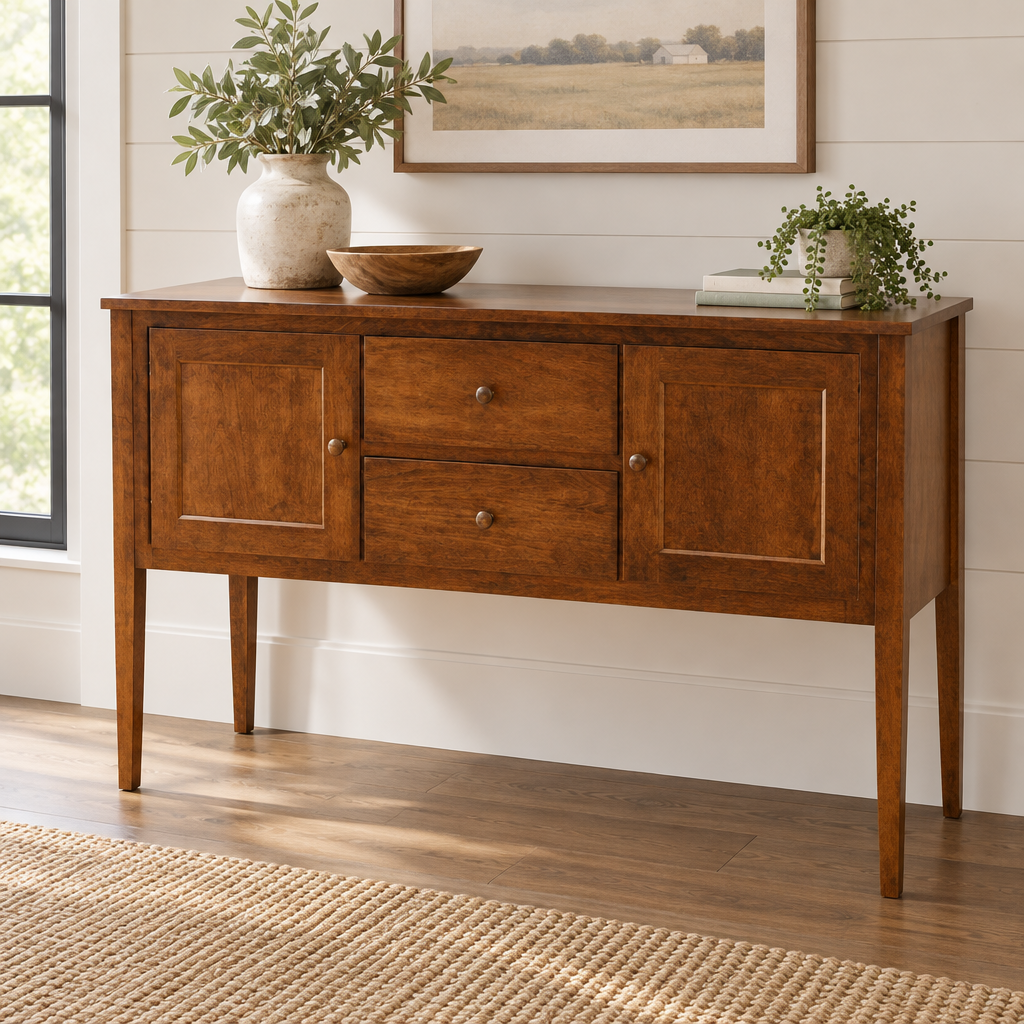 Amish Solid Wood Valley Shaker Sideboard shown in the dining room of a modern farmhouse home