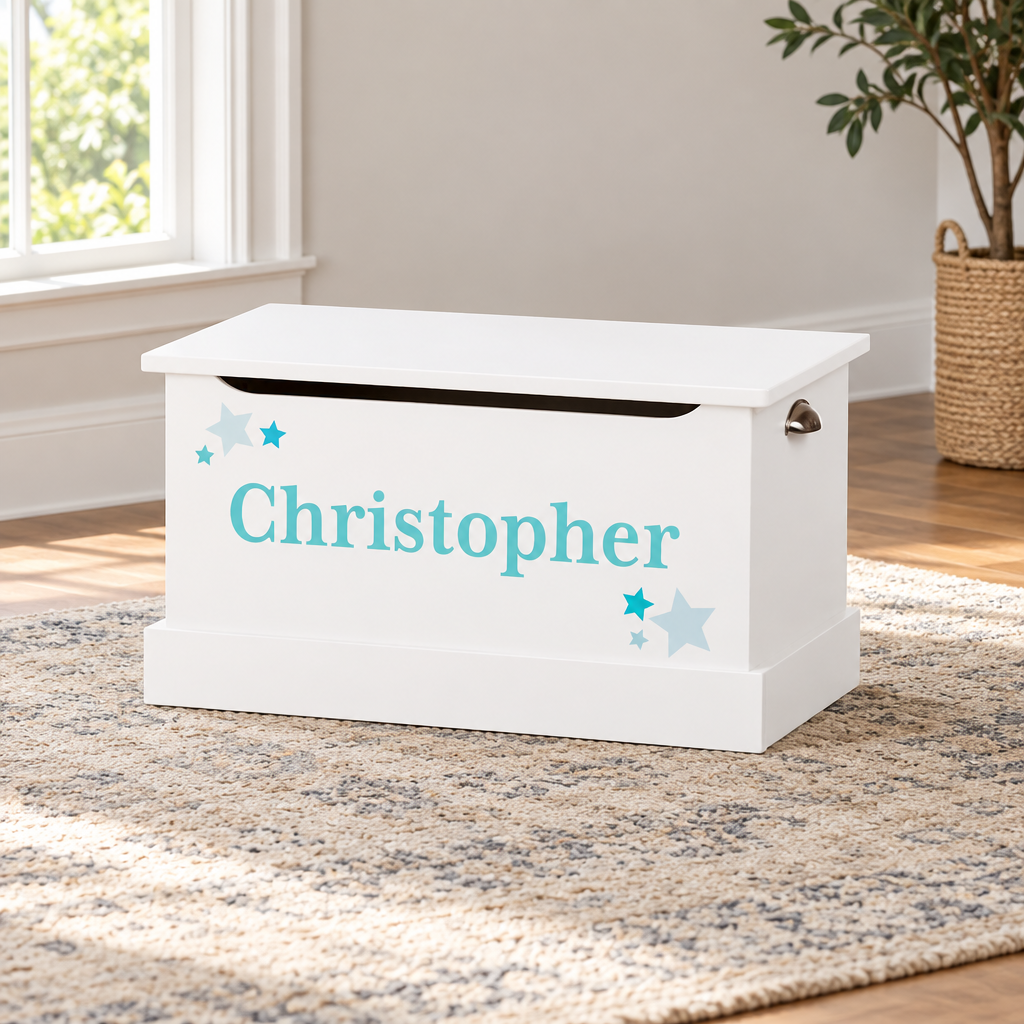 Wooden Amish Medium Toy Box with Custom Name shown in the living room of a transitional home