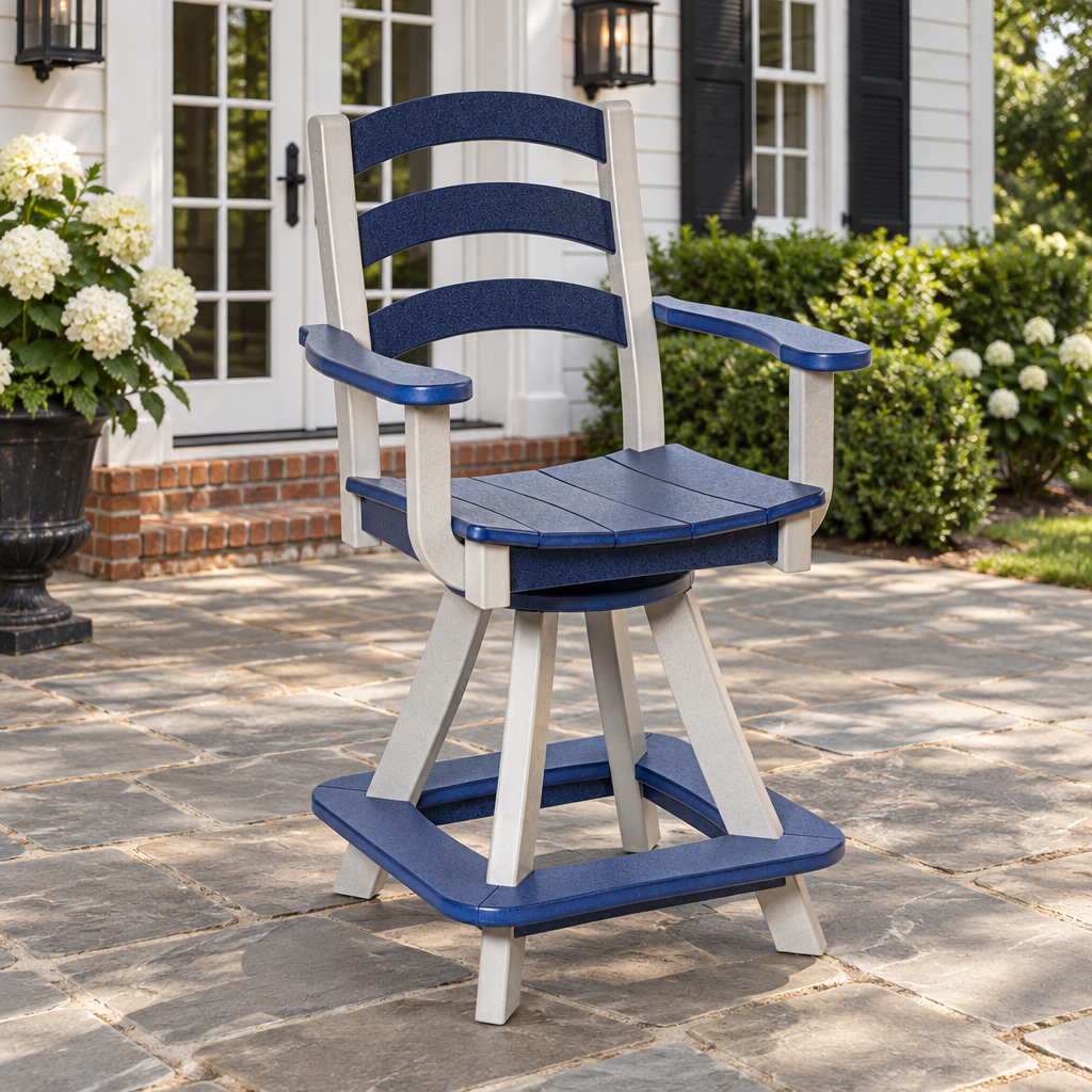 Amish Poly Patio Long Beach Counter Swivel Chair with Arms shown in the back patio of a traditional colonial home