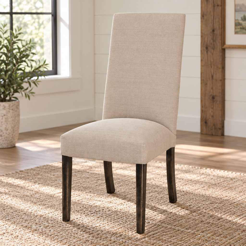 Amish Sheldon Upholstered Dining Chair - Quick Ship shown in the dining room of a modern farmhouse home