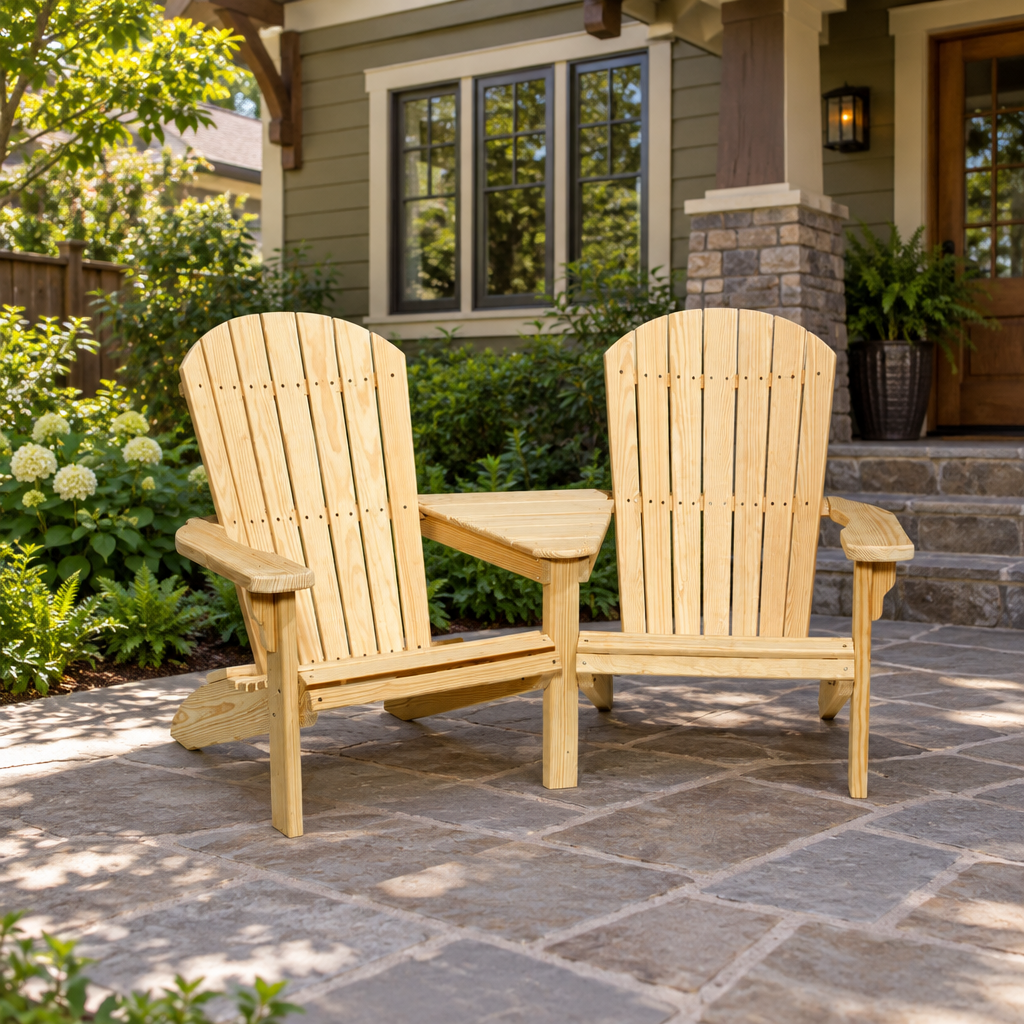 Amish Outdoor Wood Fanback Settee shown in the back patio of a craftsman bungalow home