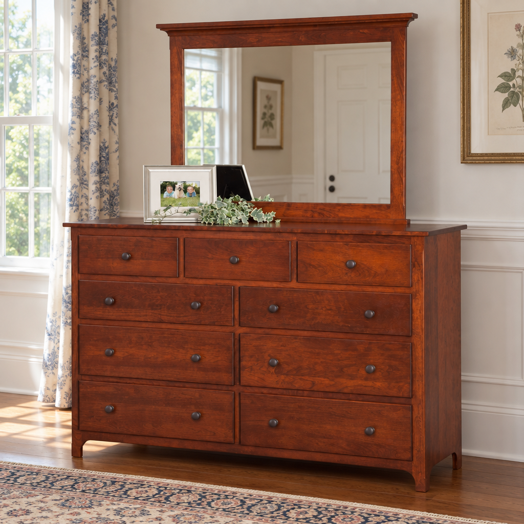 Plymouth Amish Solid Wood High Dresser shown in the bedroom of a traditional colonial home