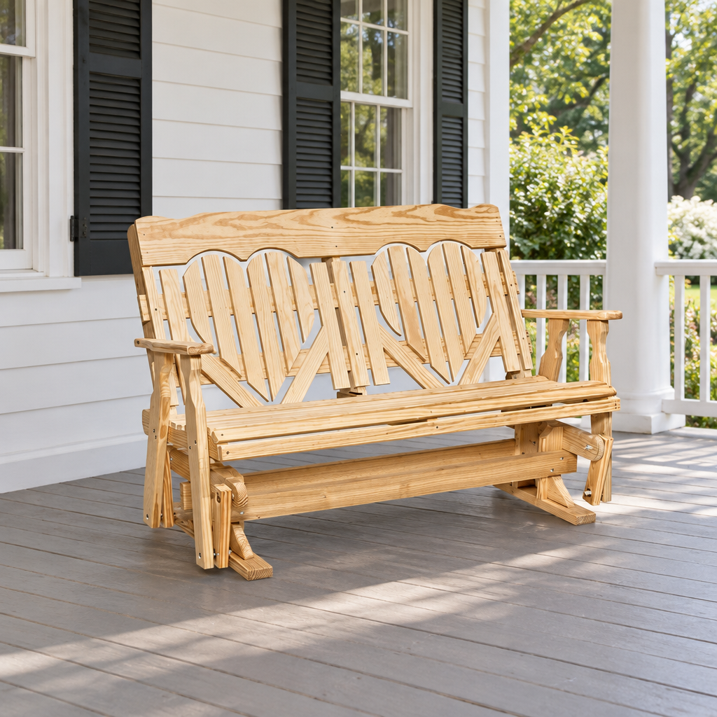 Amish Outdoor Wood High Back Heart 5' Glider shown in the covered back porch of a traditional colonial home