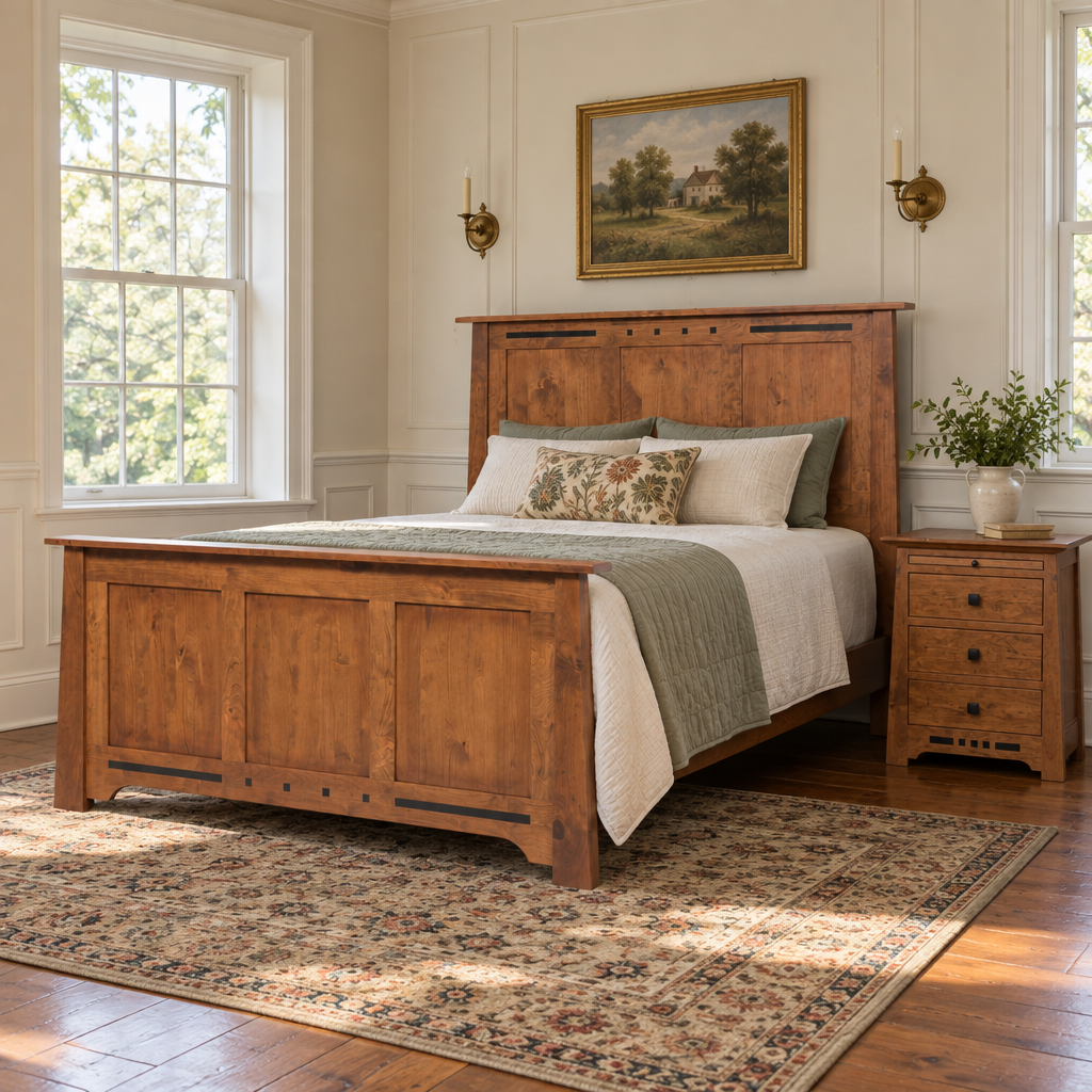 Amish Solid Wood Van Nuys Panel Bed shown in the bedroom of a traditional colonial home