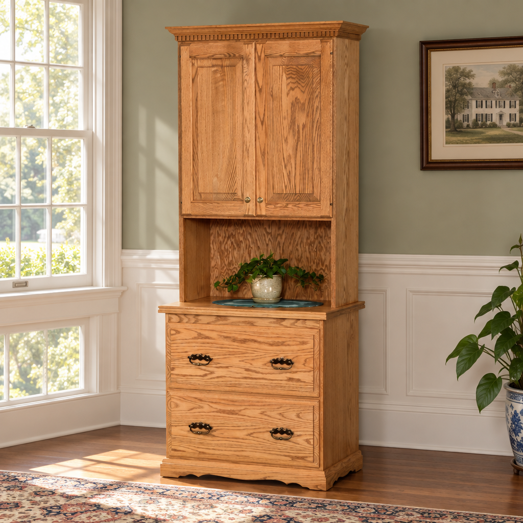 Amish Heritage Lateral File Cabinet with Hutch shown in the home office of a traditional colonial home