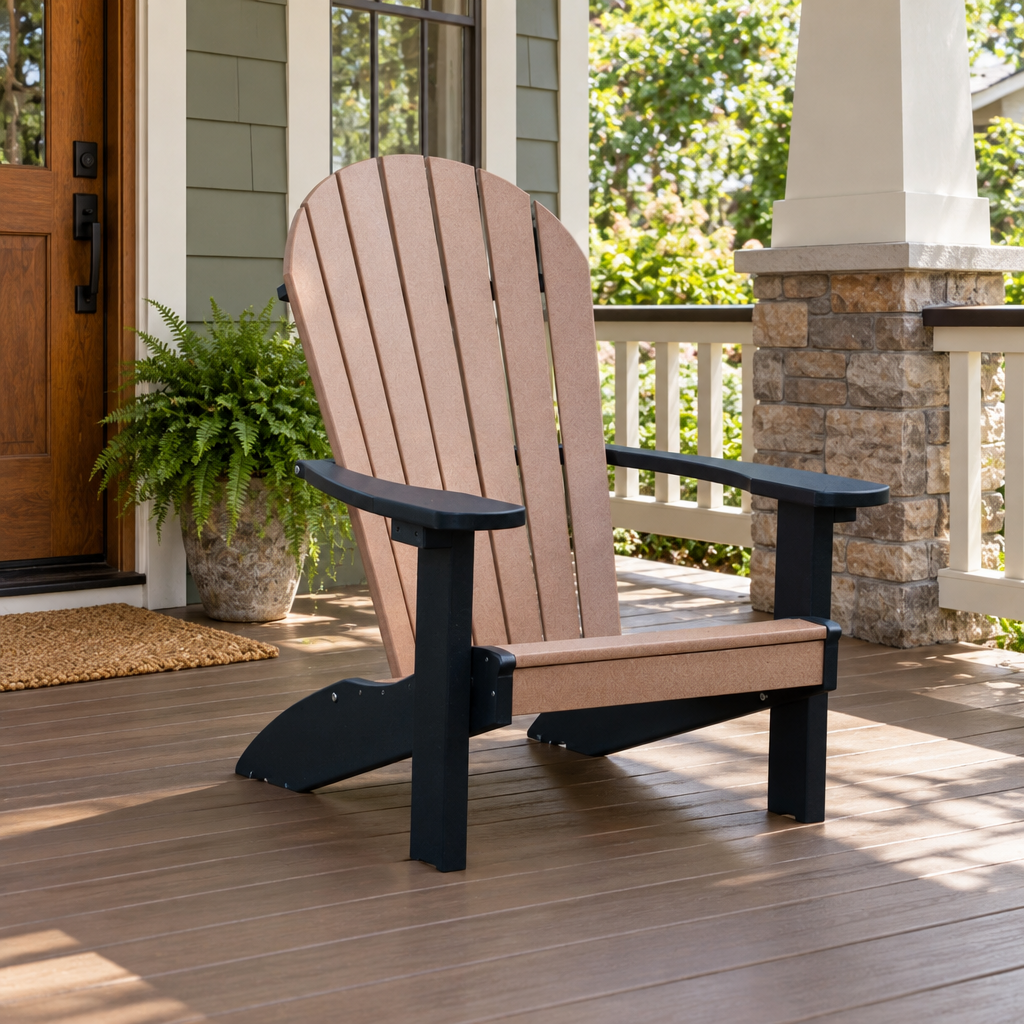 Amish Poly Adirondack Patio Chair - Quickship shown in the covered back porch of a craftsman bungalow home