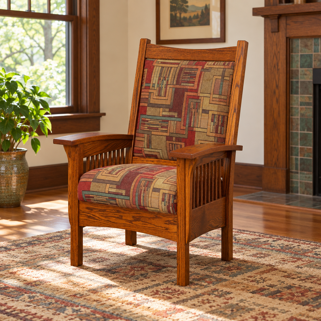Amish Craftsman Library Chair shown in the living room of a craftsman bungalow home