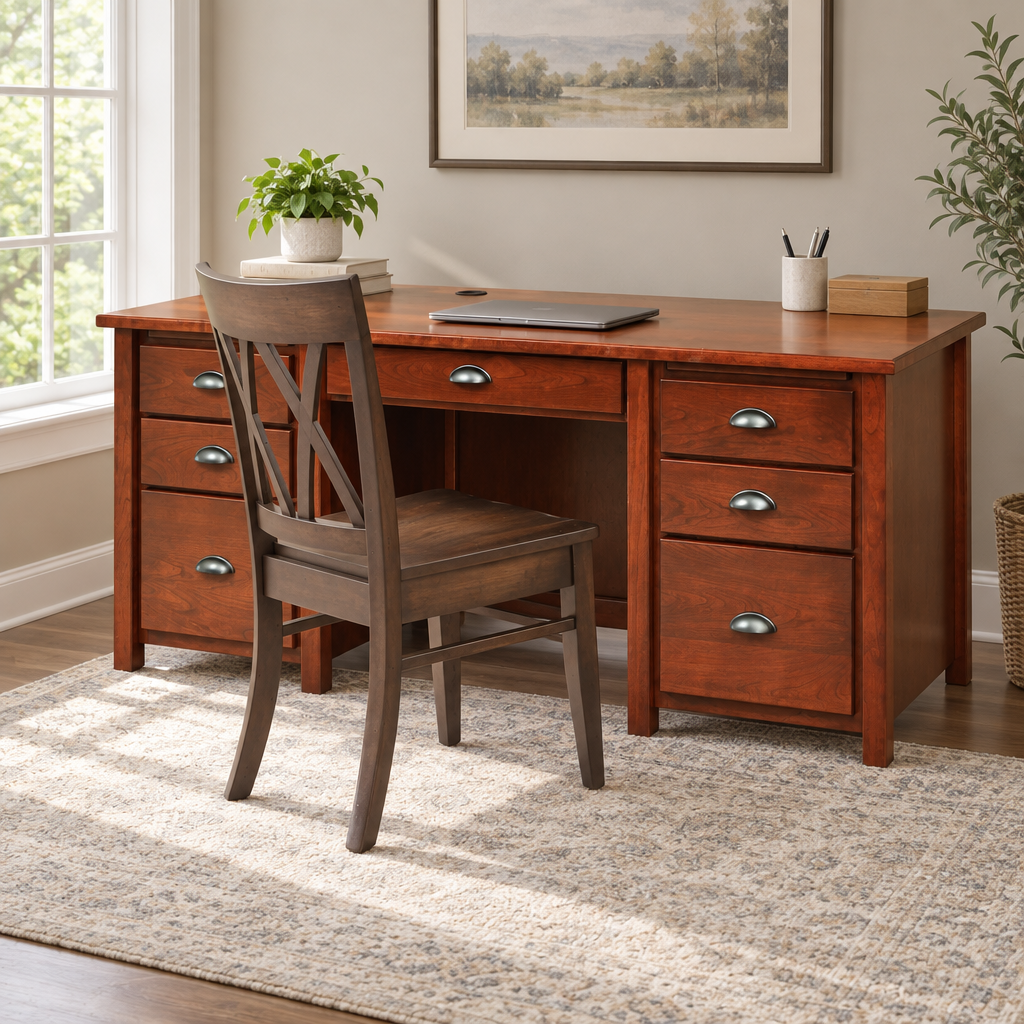 Amish Eshton Double Pedestal Desk shown in the home office of a transitional home