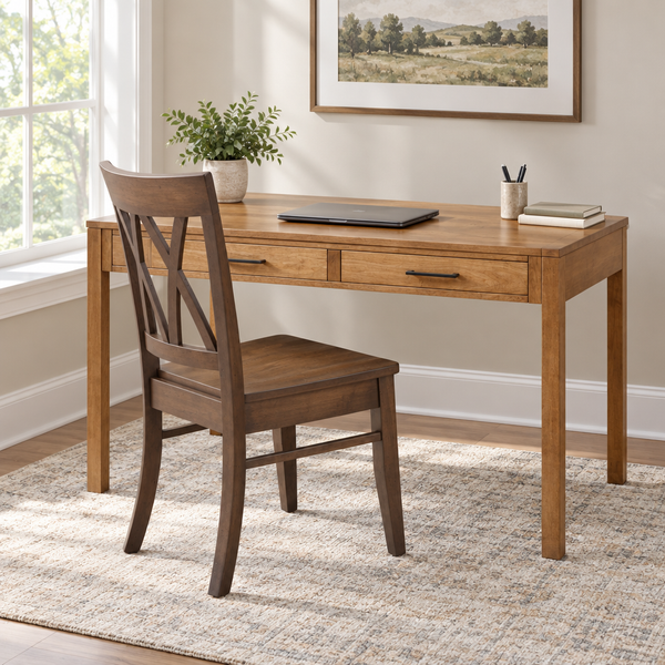 Bushwick Modern Amish Writing Table Desk shown in the home office of a transitional home
