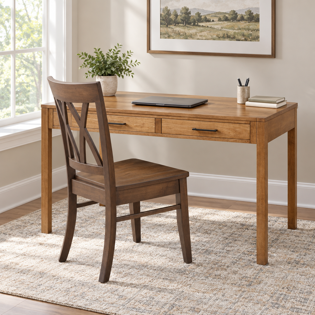 Bushwick Modern Amish Writing Table Desk shown in the home office of a transitional home