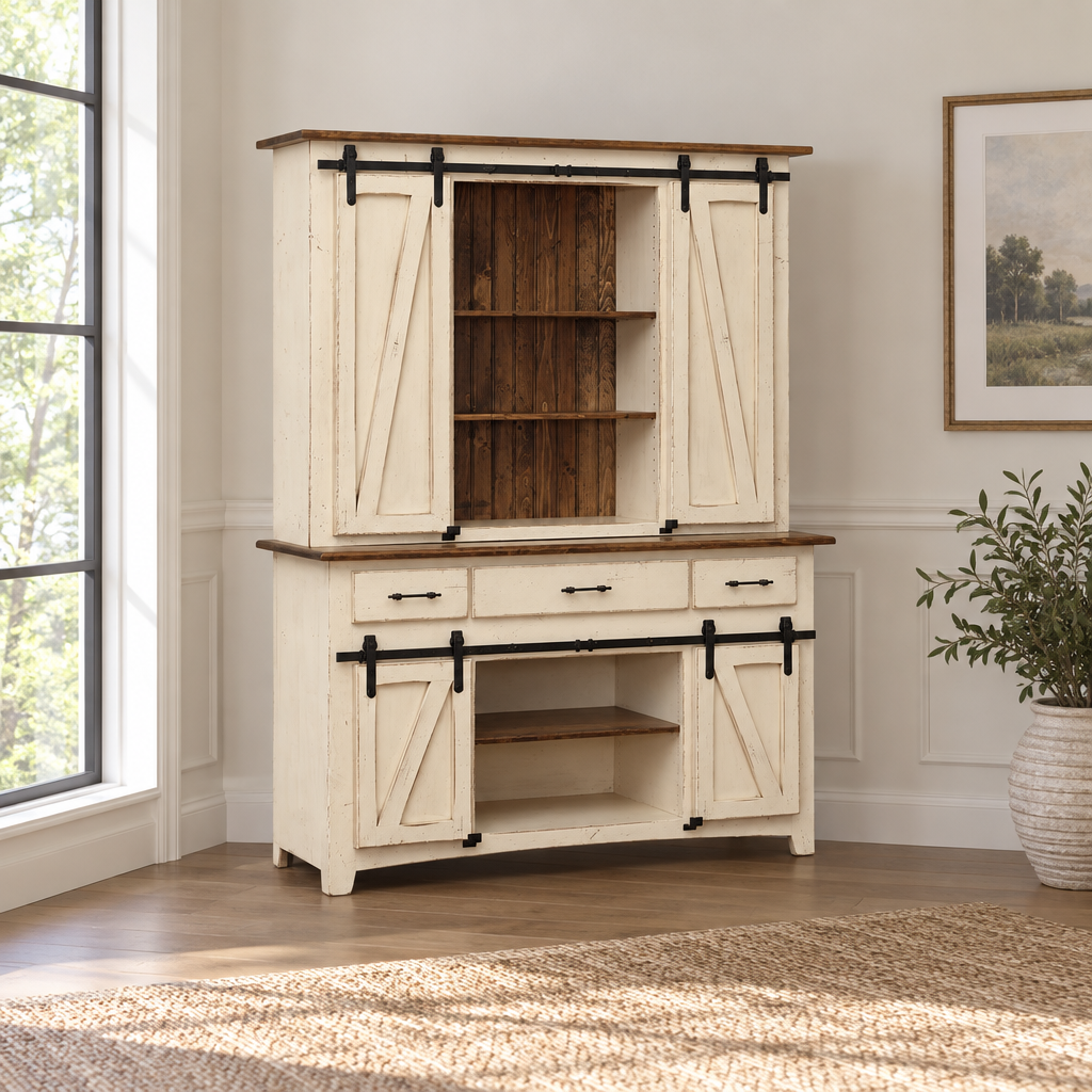 Amish Barndoor Dining Hutch with Drawers shown in the dining room of a transitional home