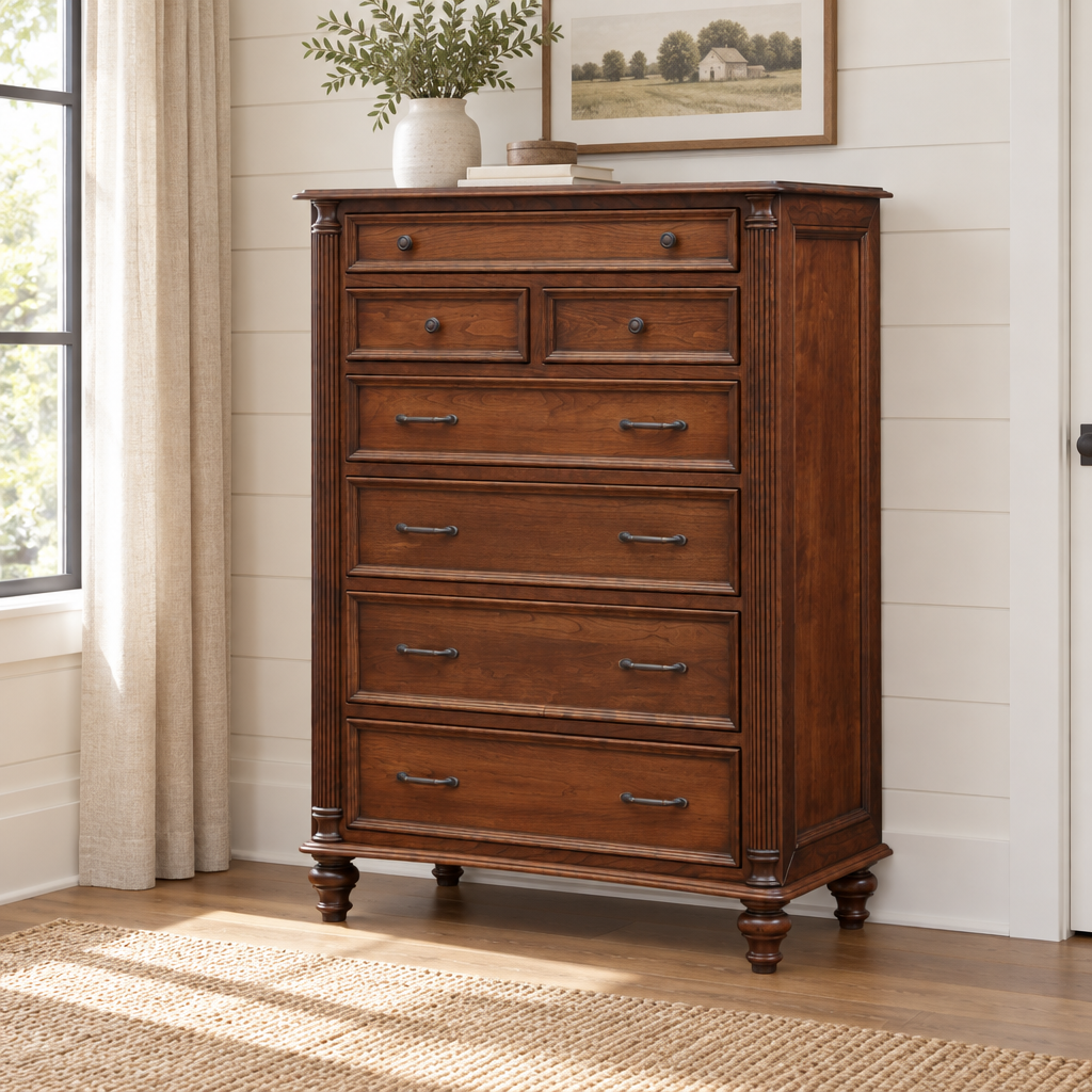 Amish Milano Chest of 7 Drawers shown in the bedroom of a modern farmhouse home