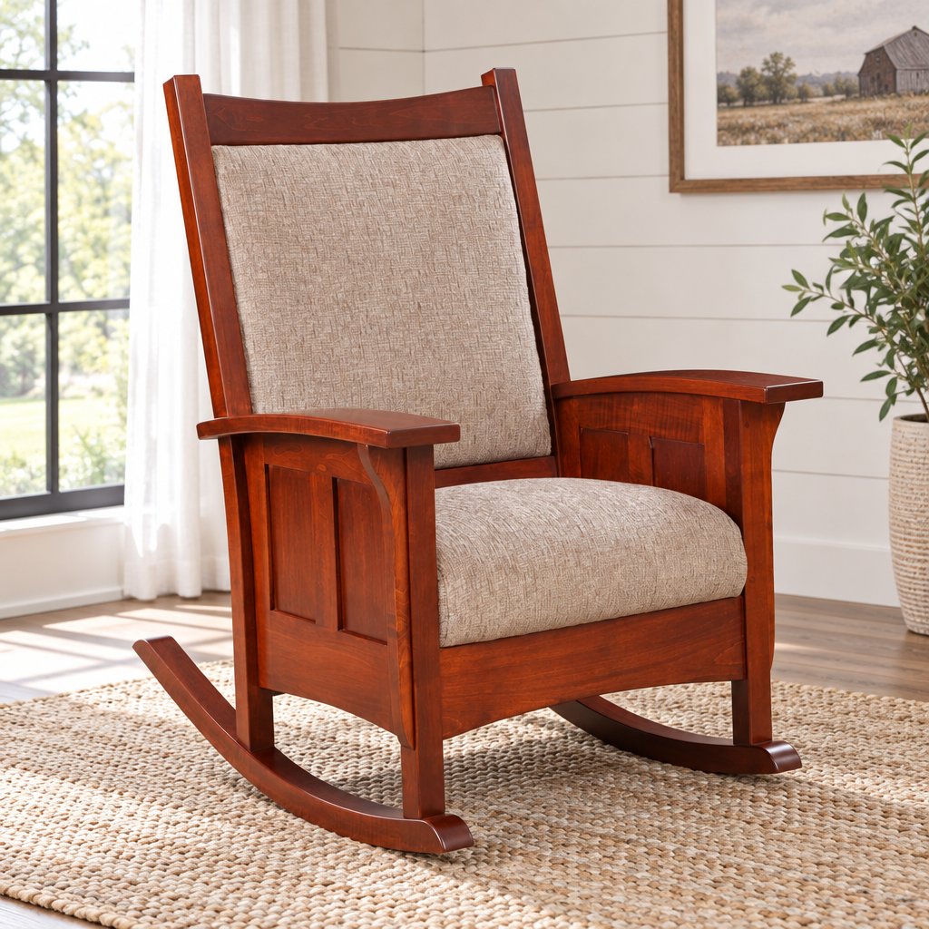 Craftsman Paneled Mission Amish Rocking Chair shown in the living room of a modern farmhouse home