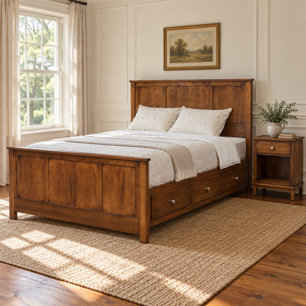 Amish Wynmoor Panel Captain Storage Bed with Drawers shown in the bedroom of a traditional colonial home