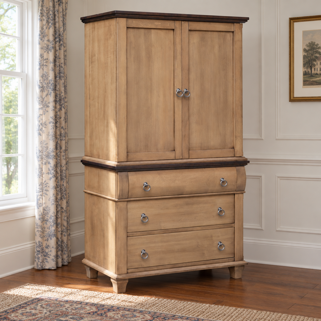 Amish Avignon 2 Door Bedroom Armoire shown in the bedroom of a traditional colonial home