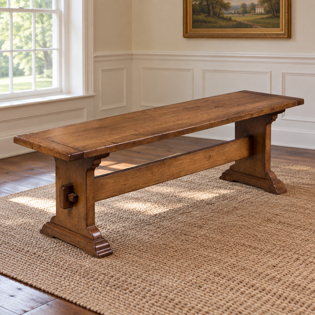 Amish Farmhouse Trestle Dining Bench shown in the dining room of a traditional colonial home