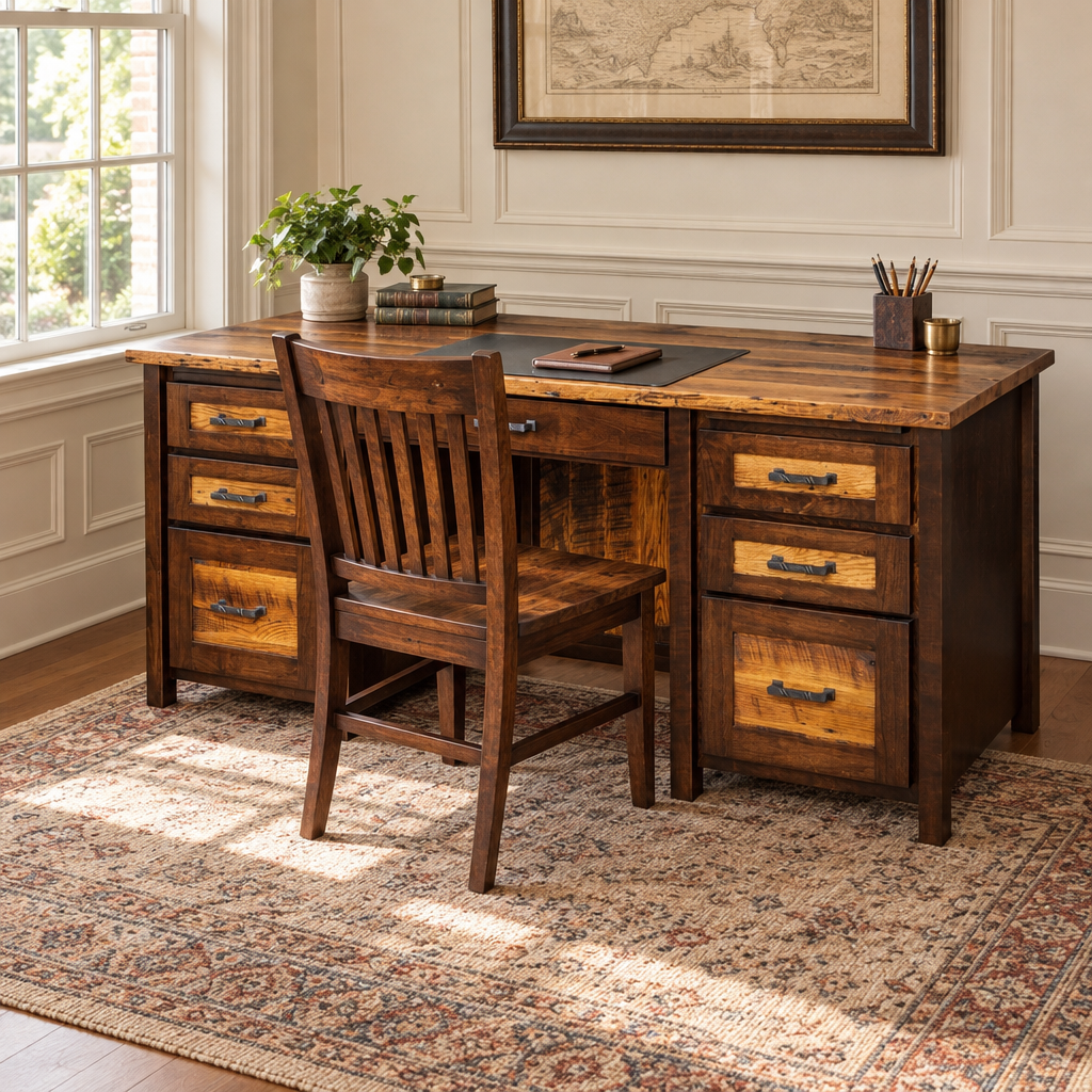 Amish Loft Reclaimed Wood Double Pedestal Desk shown in the home office of a traditional colonial home