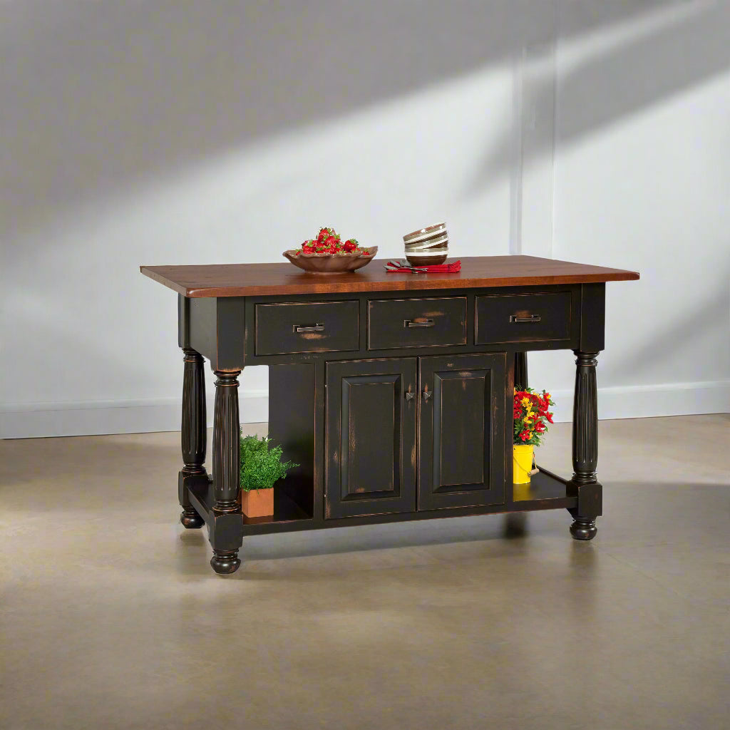 Wooden kitchen island with dark finish and wooden top on a white background