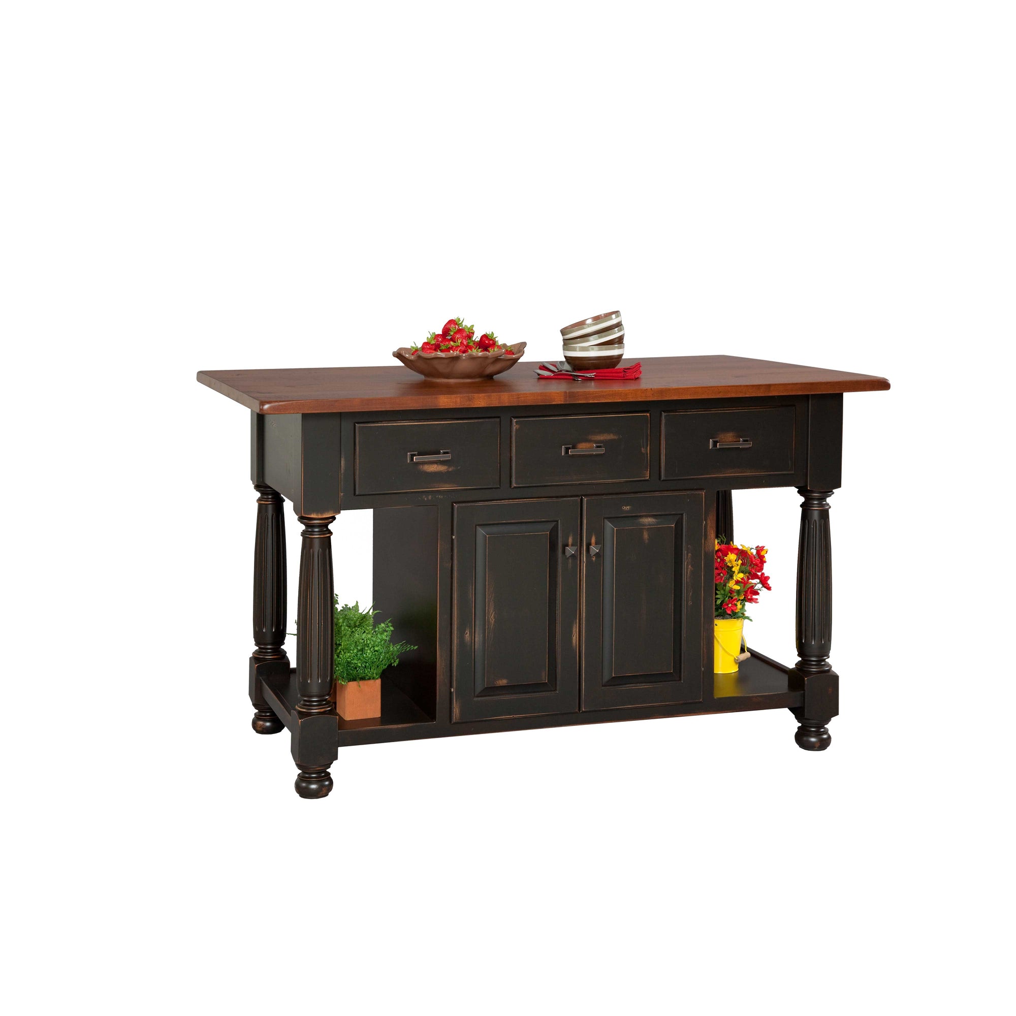 Wooden kitchen island with dark finish and wooden top on a white background