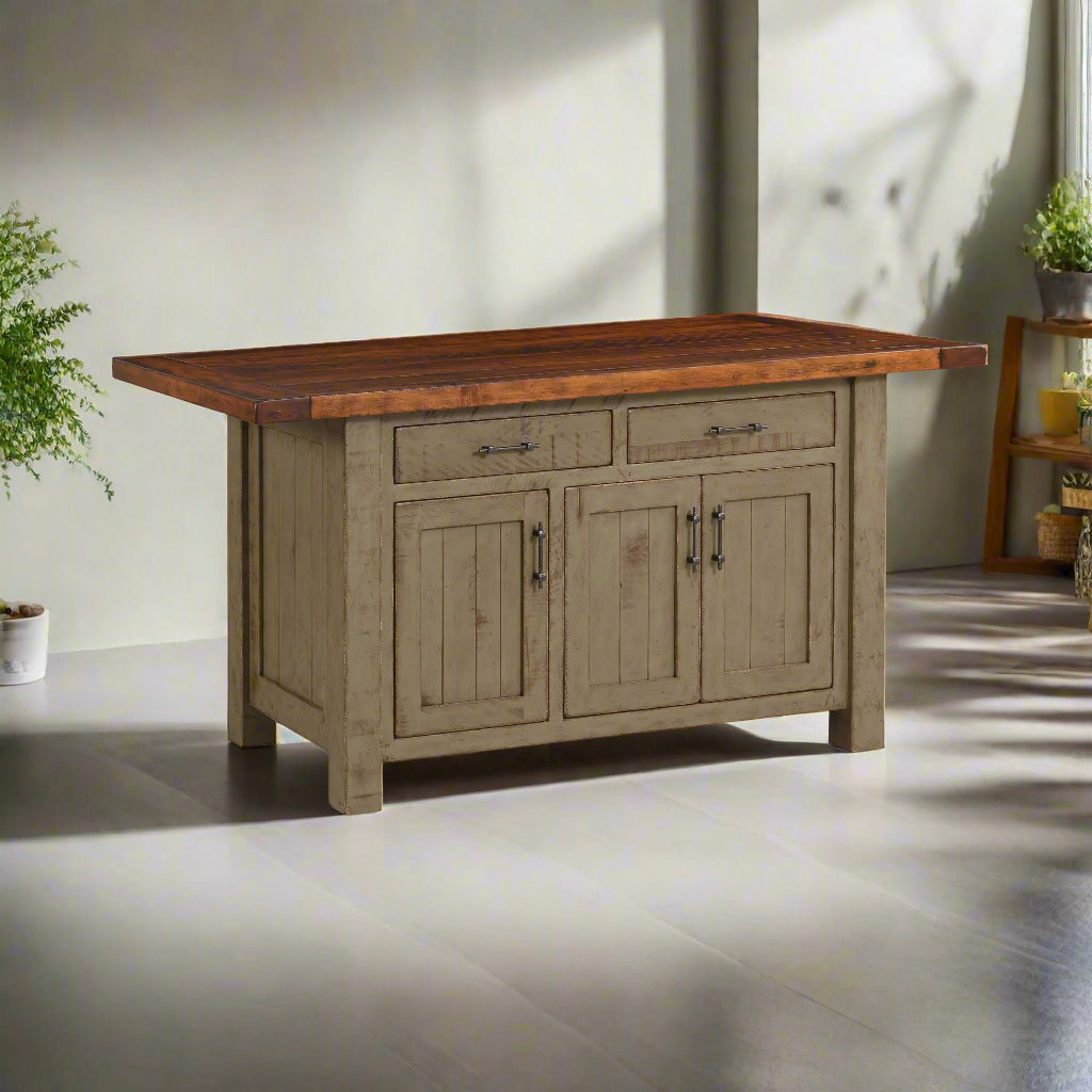 Wooden kitchen island with a dark brown top and light brown base on a white background