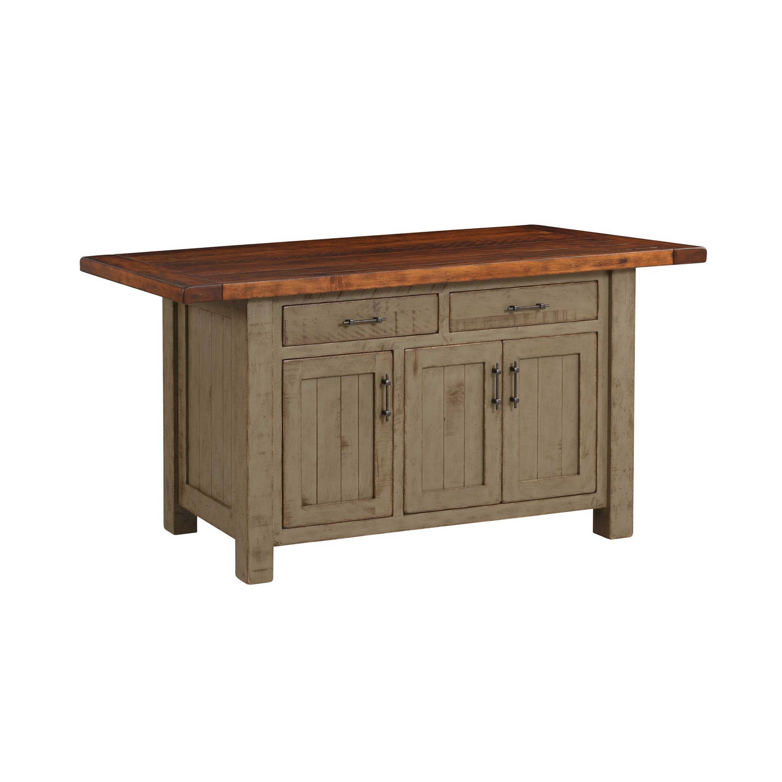 Wooden kitchen island with a dark brown top and light brown base on a white background