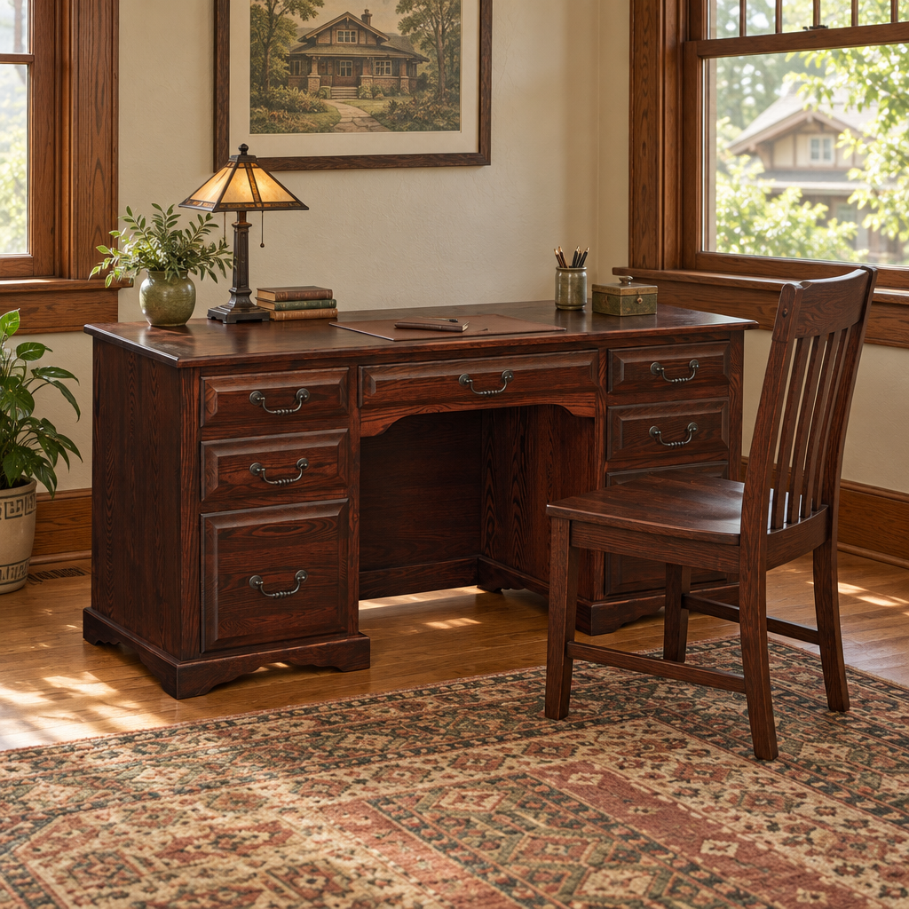 Amish Raised Panel 62" Flattop Desk shown in the home office of a craftsman bungalow home