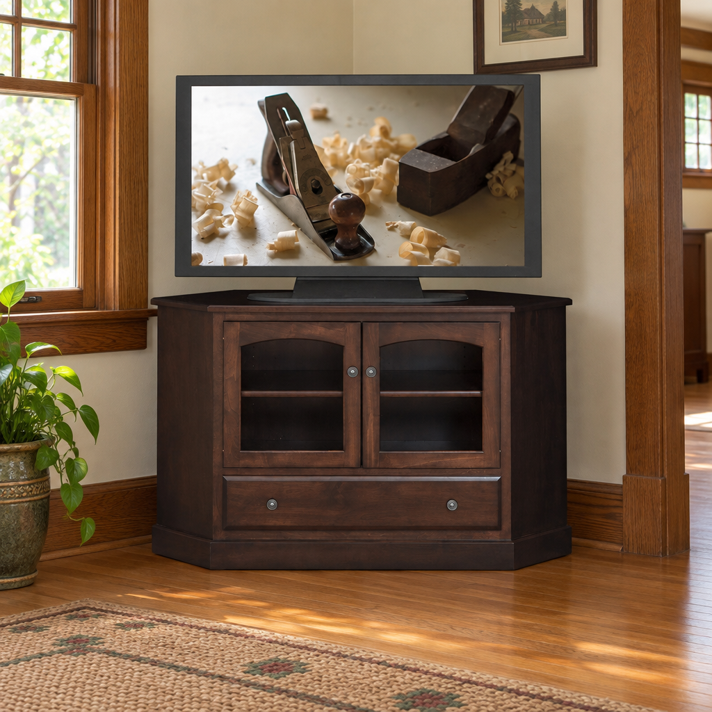 Amish Manchester 52" Corner TV Stand shown in the living room of a craftsman bungalow home