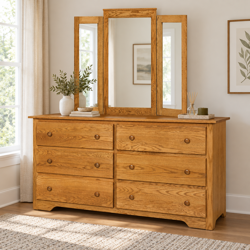 Eden Amish Shaker 6 Drawer Double Dresser shown in the bedroom of a transitional home