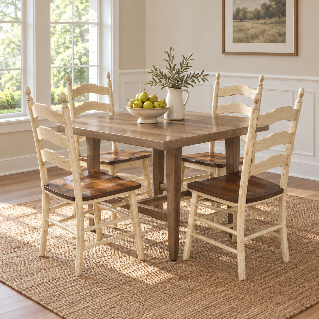 Amish Wheaton  Rectangular Trestle Dining Table shown in the dining room of a transitional home