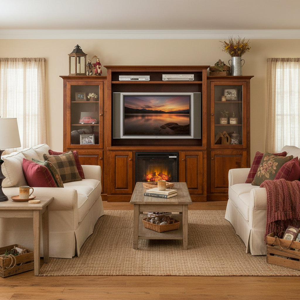Wooden entertainment center with TV and fireplace on a white background