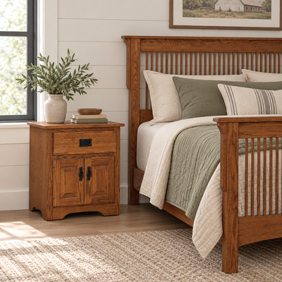 Mission Amish Solid Wood 2-Door Night Stand shown in the bedroom of a modern farmhouse home