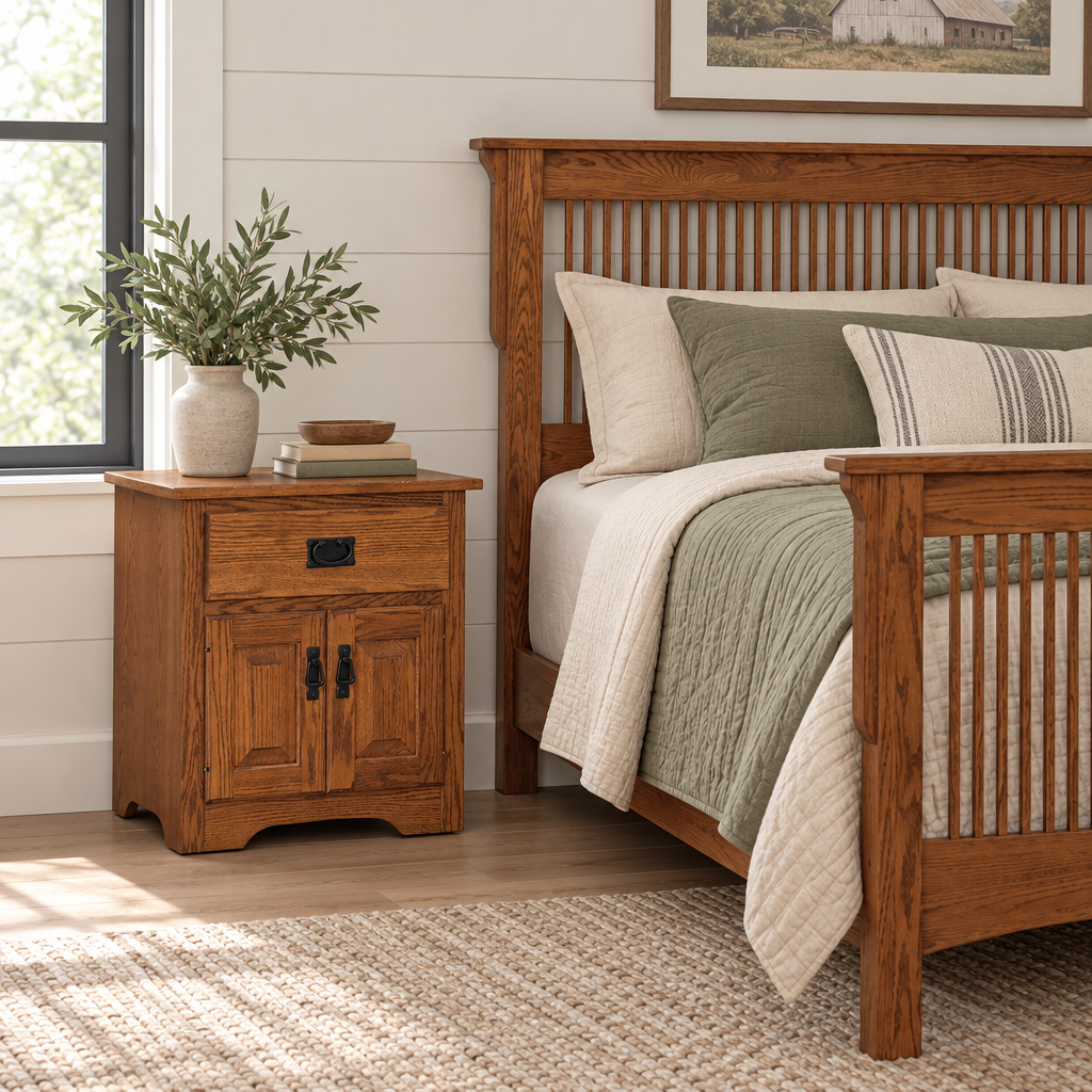 Mission Amish Solid Wood 2-Door Night Stand shown in the bedroom of a modern farmhouse home
