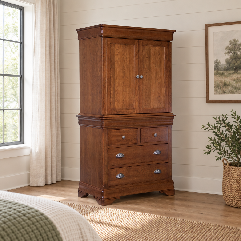 Amish Marseilles 2-Door Armoire shown in the bedroom of a modern farmhouse home