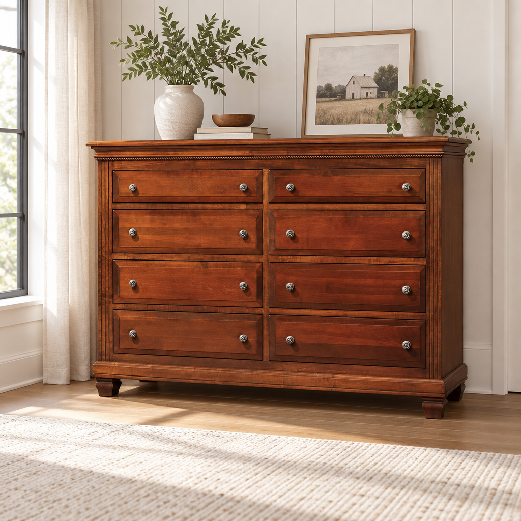 Amish Solid Wood Palatine Dresser shown in the bedroom of a modern farmhouse home