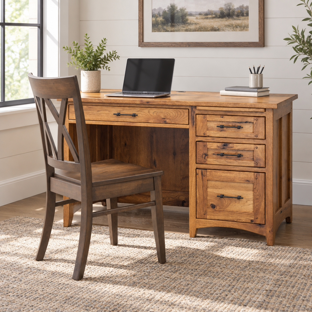 Belmont Amish Single Pedestal Desk shown in the home office of a modern farmhouse home