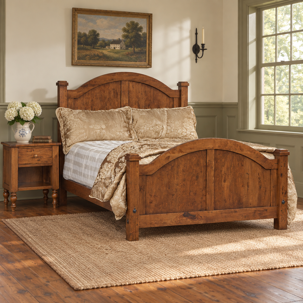 Amish Telluride Rustic Wood Arched Panel Bed shown in the bedroom of a traditional colonial home