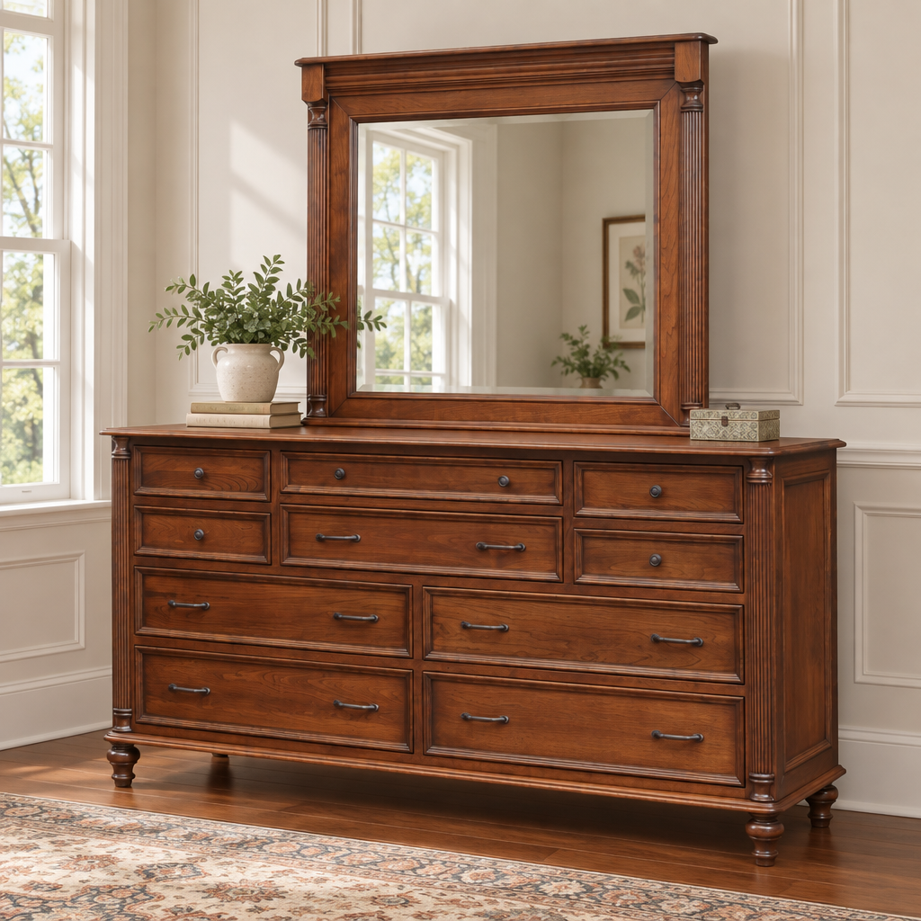 Amish Milano 10-Drawer Triple Dresser shown in the bedroom of a traditional colonial home