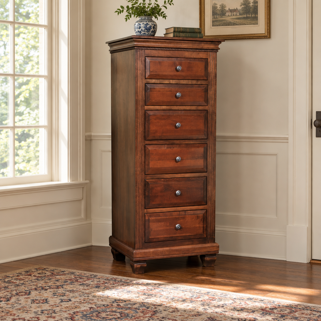Amish Solid Wood Palatine Lingerie Chest shown in the bedroom of a traditional colonial home