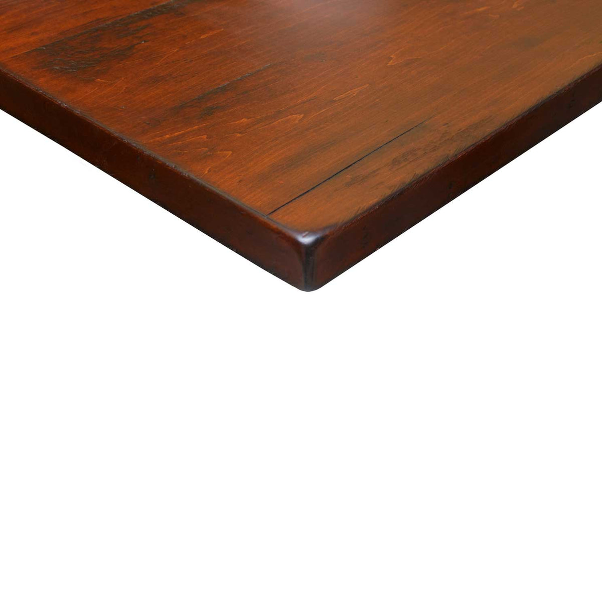 Edge and corner view of the 36" x 78" kitchen island top: dark reddish brown plank surface with a subtly rounded edge