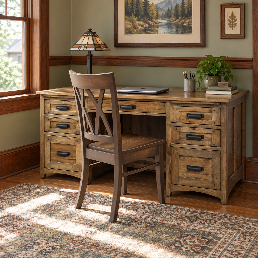 Belmont Amish Solid Wood Kneehole Desk shown in the home office of a craftsman bungalow home