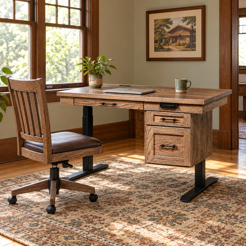 Amish Westin Single Pedestal Adjustable Rising Lift Desk with Drawers shown in the home office of a craftsman bungalow home