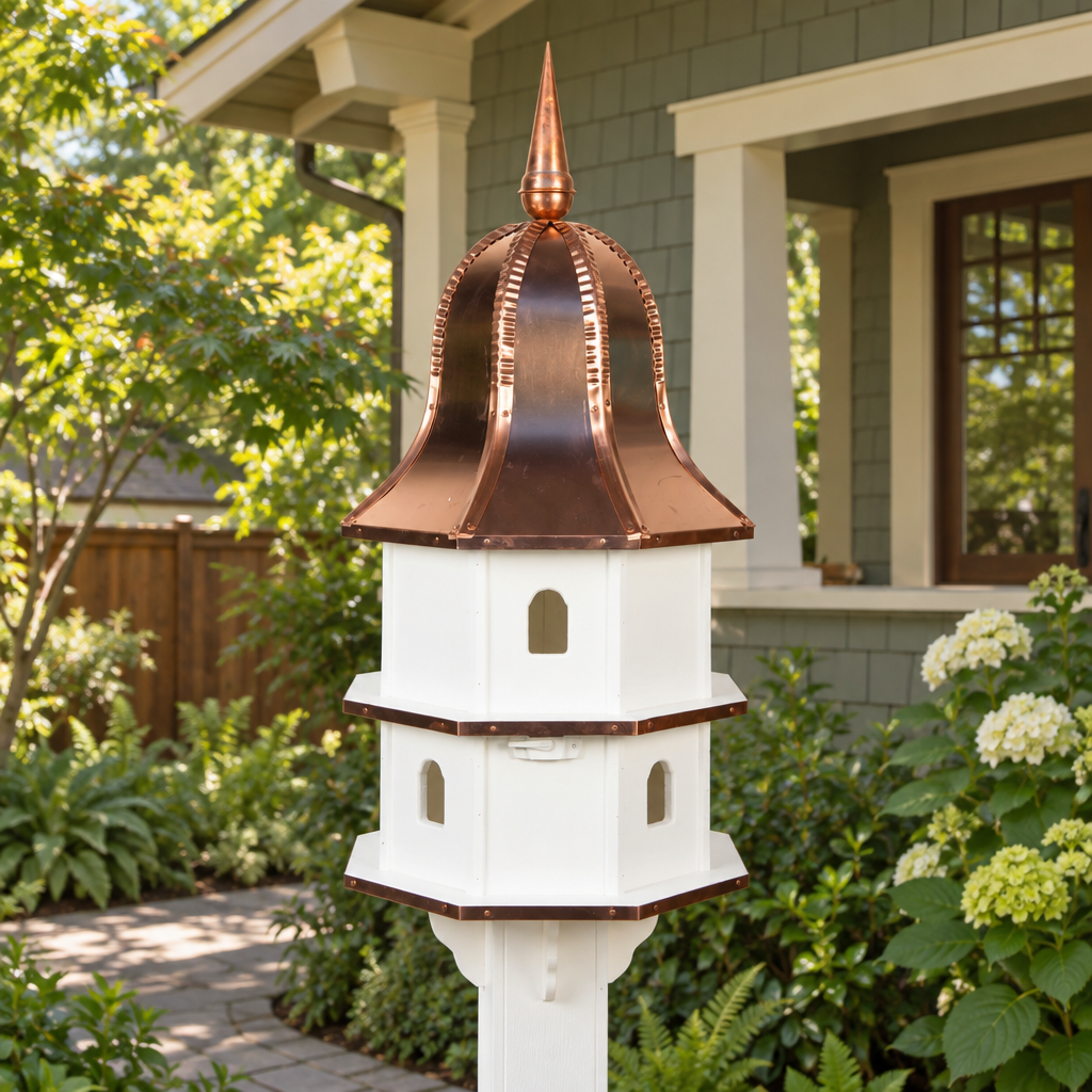 Amish Large Poly birdhouse (copper top) shown in the back patio of a craftsman bungalow home