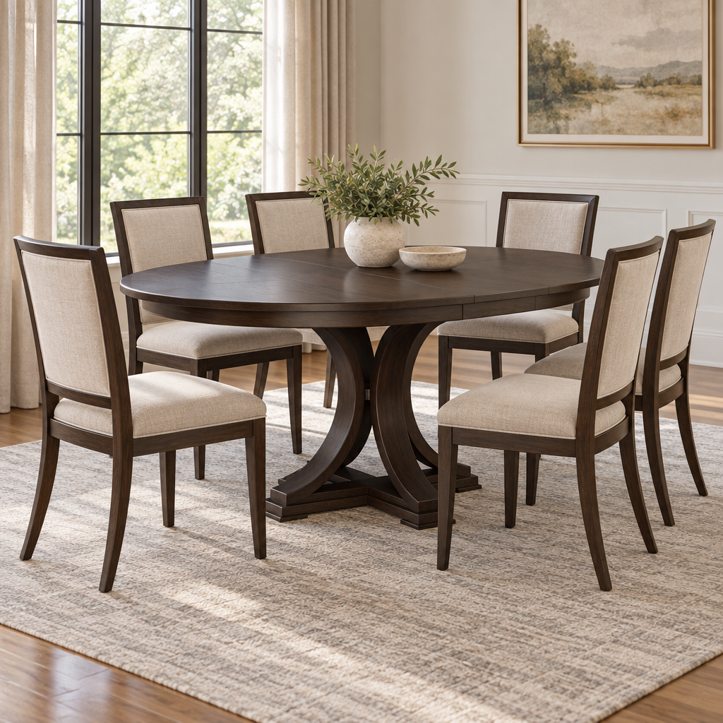 Amish Stockbridge Single Pedestal Dining Table shown in the dining room of a transitional home