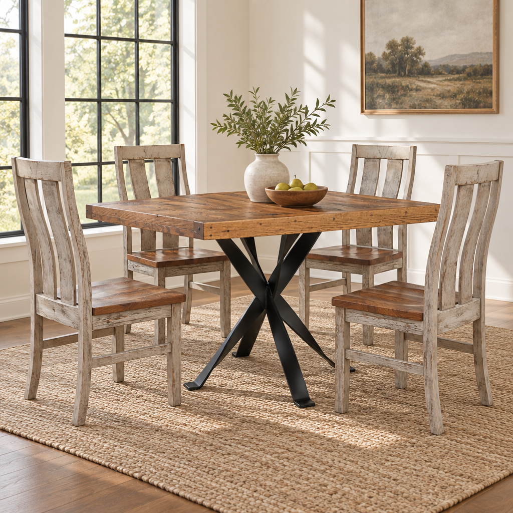 Amish Chadd's Ford Reclaimed Wood Dining Table shown in the dining room of a transitional home